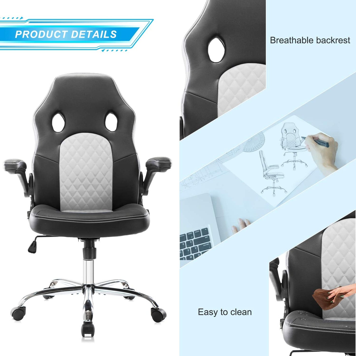 Gaming Chair Ergonomic Office Chair PU Leather Computer Chair High Back Desk Chair Adjustable Swivel Task Chair with Lumbar Support/Adjustable Armrests, White