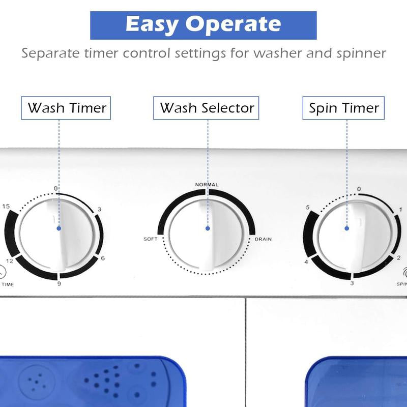 Costway Portable Semi-Automatic Twin-Tub Washing Machine W/ Control Knobs, Timer Control, Built-In Pump Drain, Durable Design, Compact Laundry Washer for RV, Apartments and Dorms.