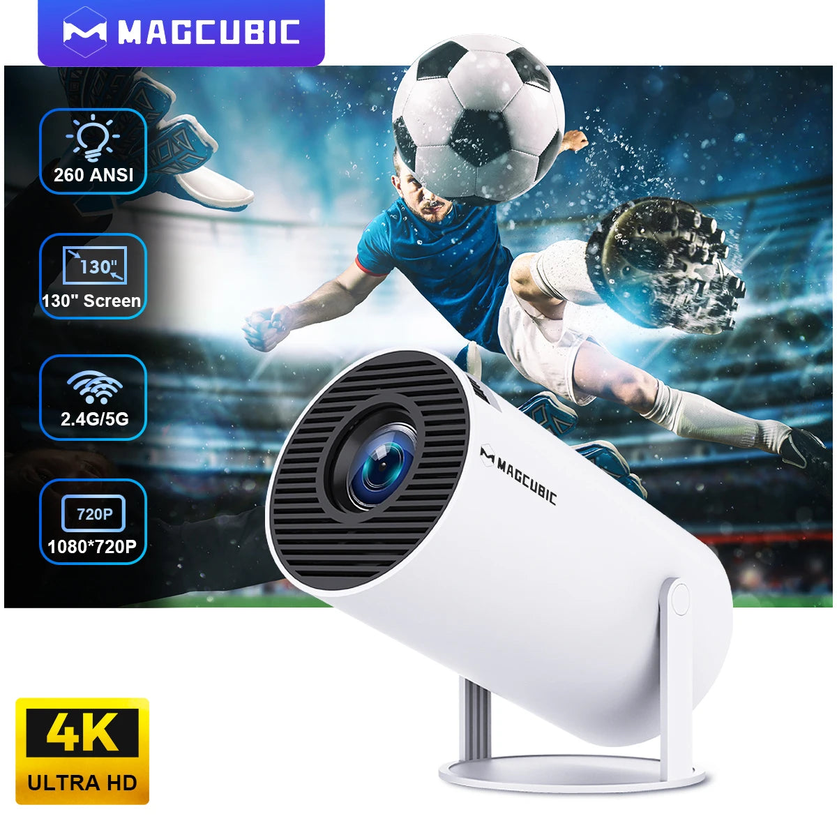 HY300 Pro Portable Projector - Android 11, 4K Resolution, 1280x720P, Dual WiFi, 260 ANSI Lumens, 180° Flexibility, Bluetooth 5.0, Ideal for Outdoor Cinema.