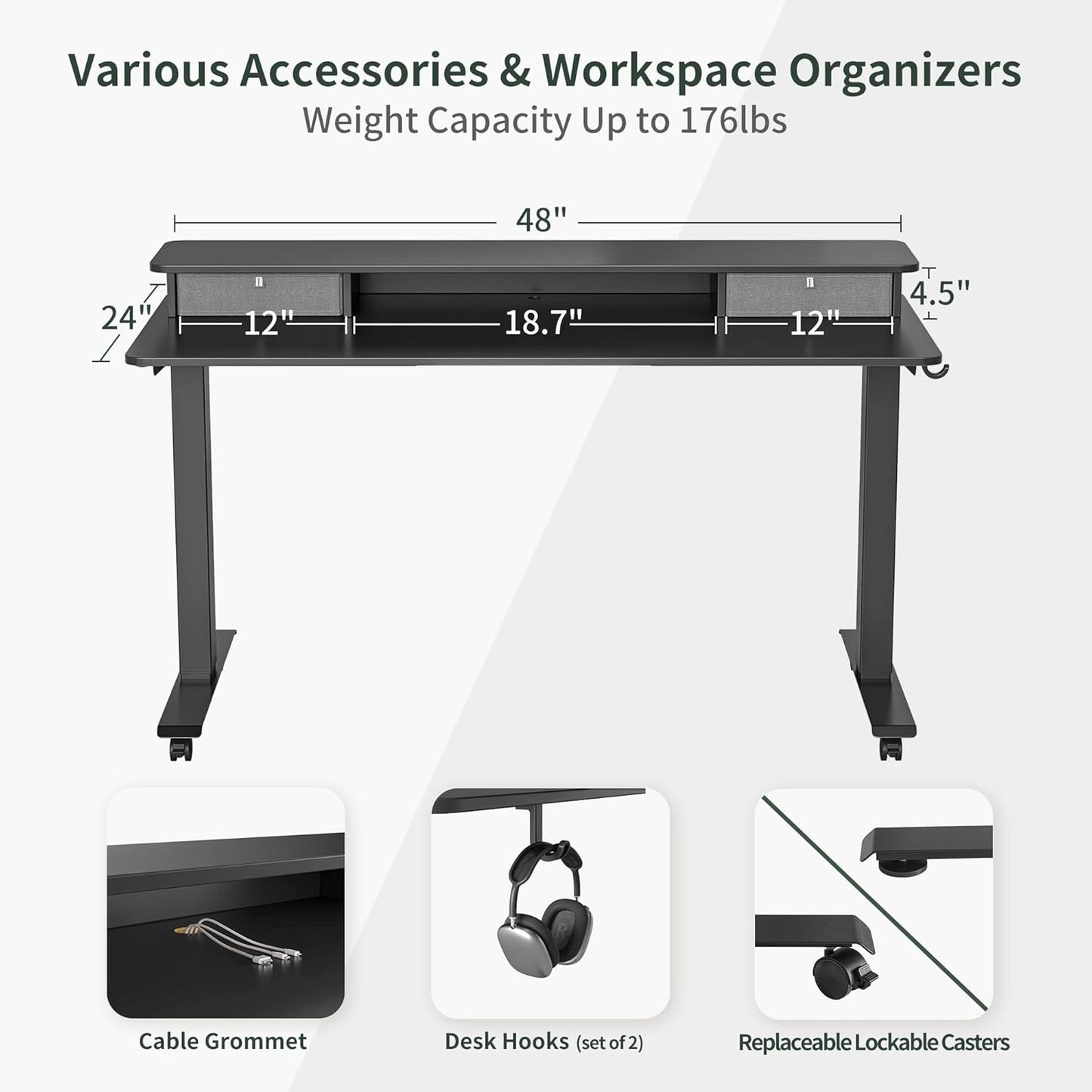 48 X 24 Inch Height Adjustable Electric Standing Desk with Double Drawer, Stand up Desk with Storage Shelf, Sit Stand Desk, Black