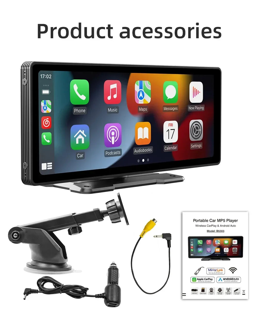 10.26-Inch Wireless Car Monitor with CarPlay/Android Auto, HD Screen, Bluetooth FM Transmitter, and USB/TF Video Player.