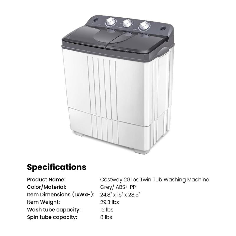 Costway Portable Semi-Automatic Twin-Tub Washing Machine W/ Control Knobs, Timer Control, Built-In Pump Drain, Durable Design, Compact Laundry Washer for RV, Apartments and Dorms.