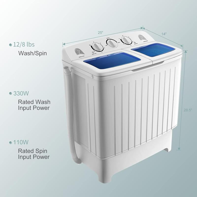 Costway Portable Semi-Automatic Twin-Tub Washing Machine W/ Control Knobs, Timer Control, Built-In Pump Drain, Durable Design, Compact Laundry Washer for RV, Apartments and Dorms.