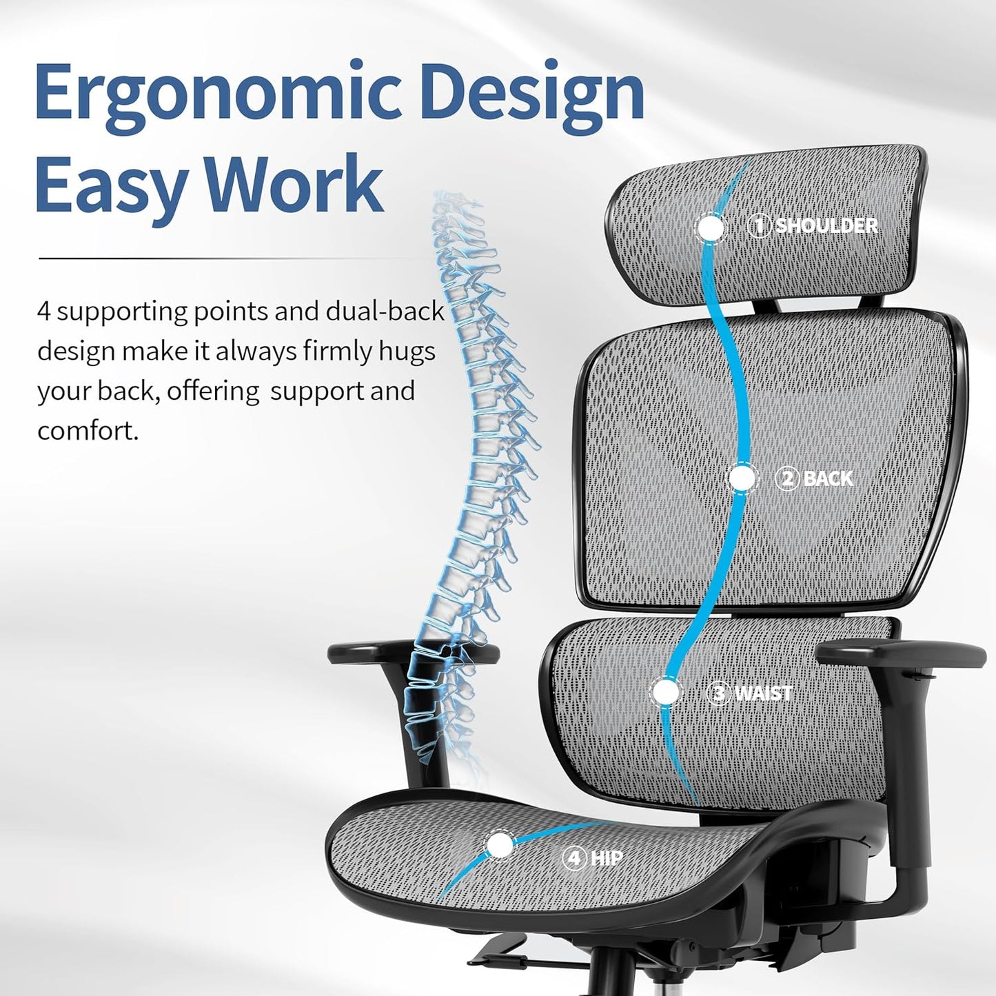 Ergonomic Office Chair, Big and Tall Mesh Chair with Lumbar Support, Adjustable 3D Arms, Reclining, Headrest & Large Seat - Home Office Desk Chair for Man Woman(Grey).