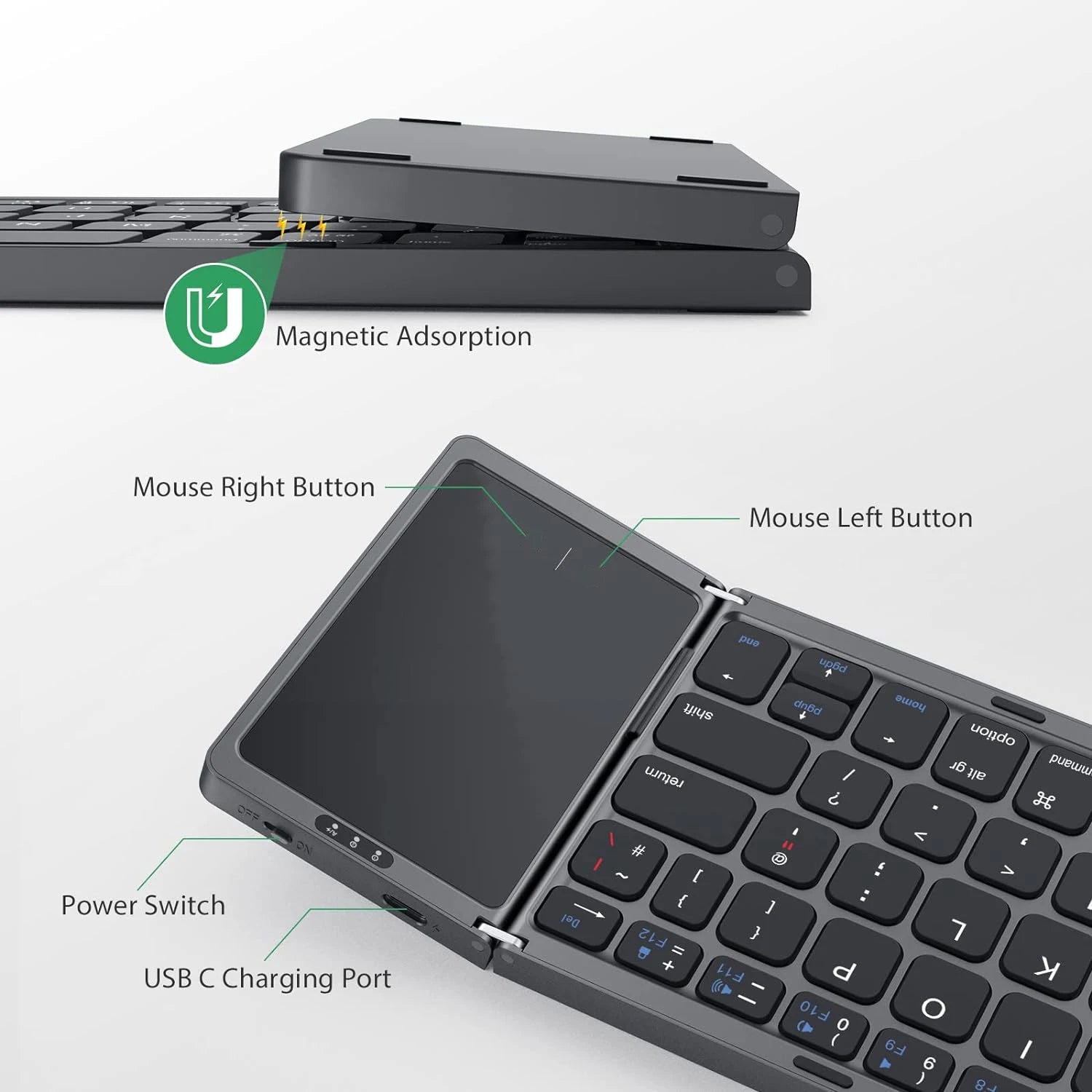 Portable Mini Bluetooth Wireless Foldable Keyboard with Touchpad for Mac, iOS, Android, Windows, and Tablets - Russian Layout.