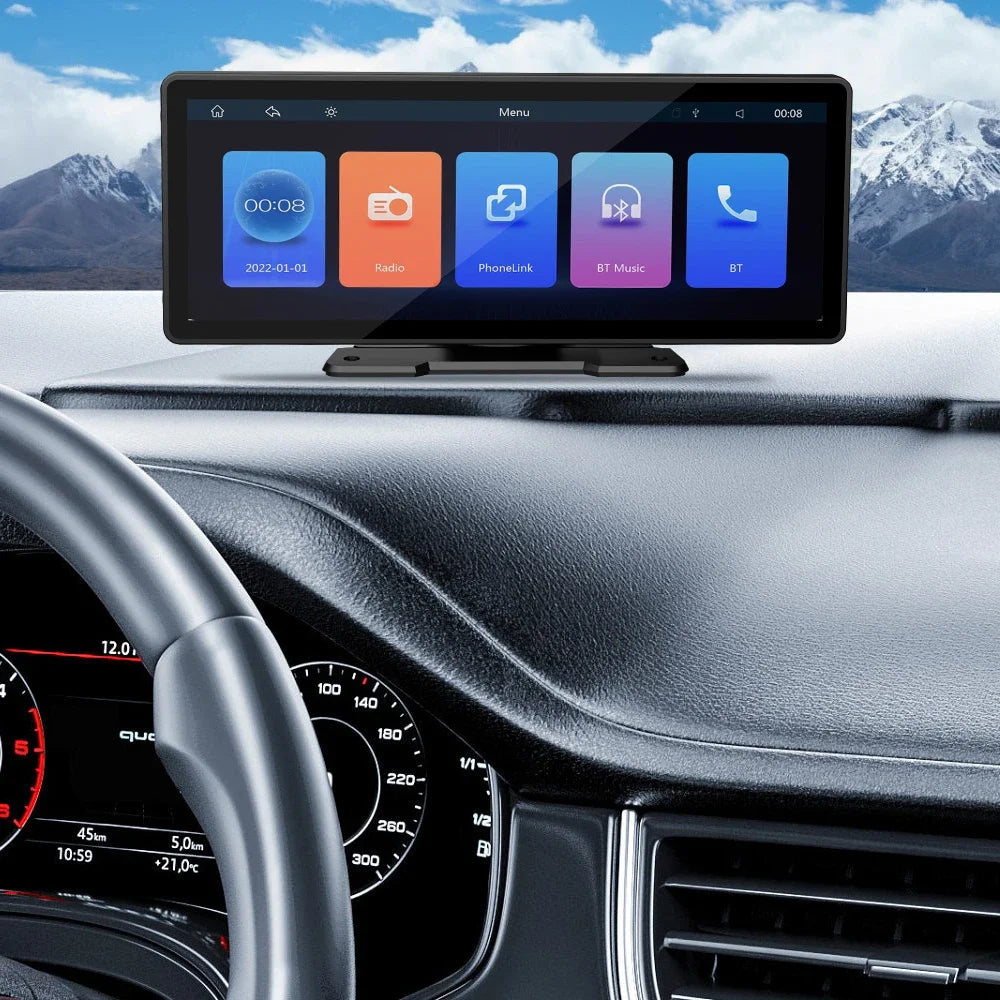 10.26-Inch Wireless Car Monitor with CarPlay/Android Auto, HD Screen, Bluetooth FM Transmitter, and USB/TF Video Player.