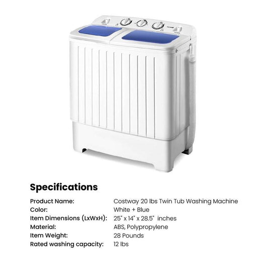 Costway Portable Semi-Automatic Twin-Tub Washing Machine W/ Control Knobs, Timer Control, Built-In Pump Drain, Durable Design, Compact Laundry Washer for RV, Apartments and Dorms.