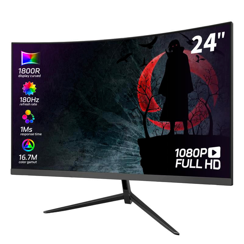 FNT 24'' Curved Gaming Monitor - 180Hz, 1Ms, FHD 1080P, R1800, Dual HDMI & Displayport, Eye Care, Built-In Speakers, Black