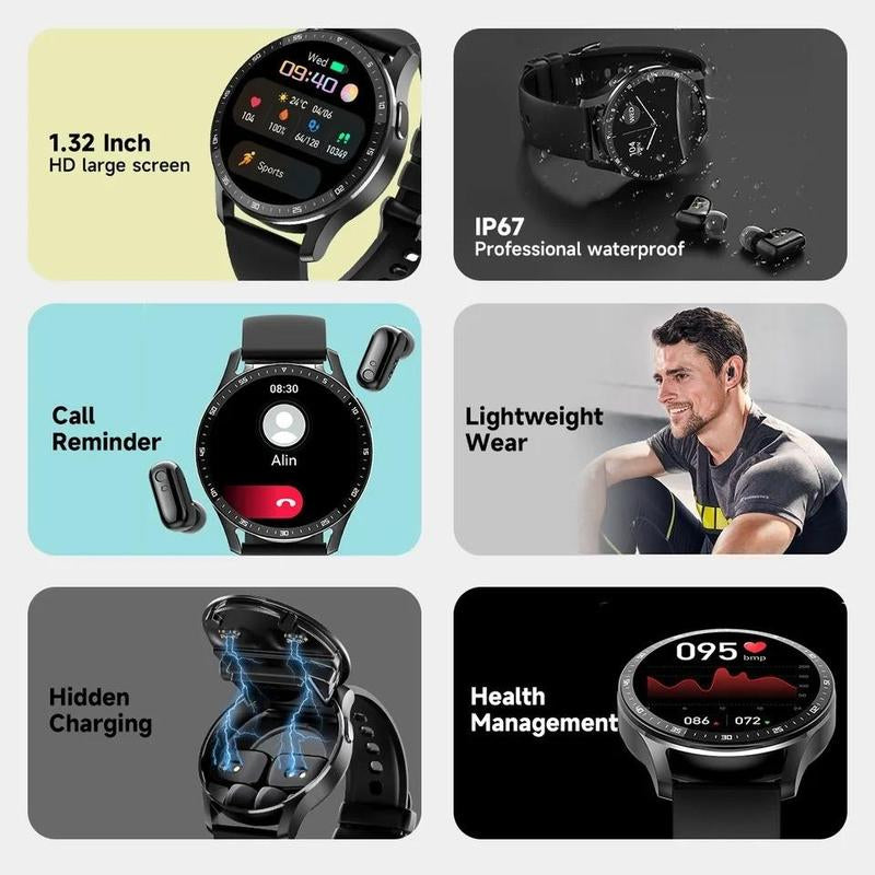 2-in-1 Smartwatch with Built-In Bluetooth Earbuds, Touch Screen, Waterproof Design, Health Monitoring, and Call Reminder for Android & iOS - Ideal Summer Gift.