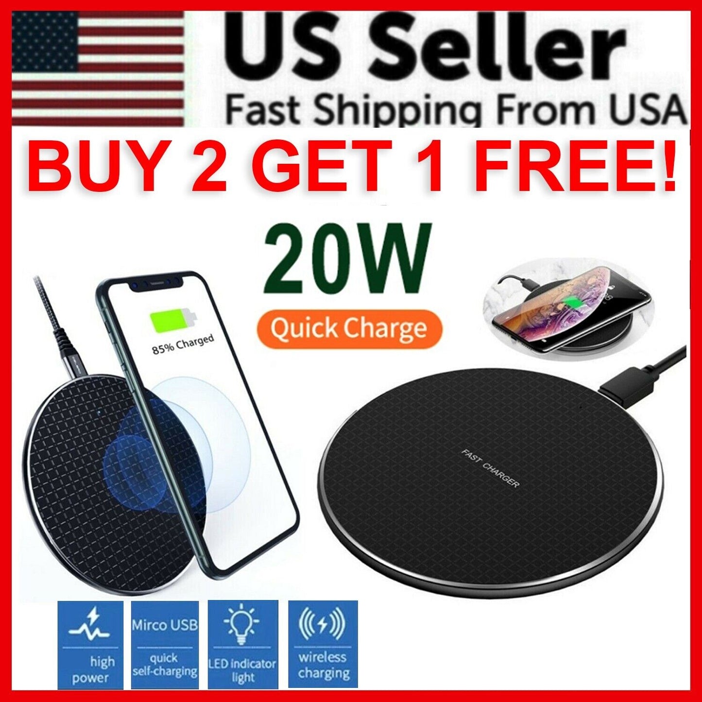 20W Wireless Charger Fast Charge Pad For Samsung iPhone XS Max X XR 12