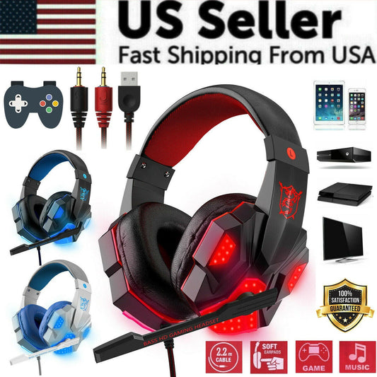 3.5mm Gaming Headset Mic LED Headphones Stereo Bass Surround For PC