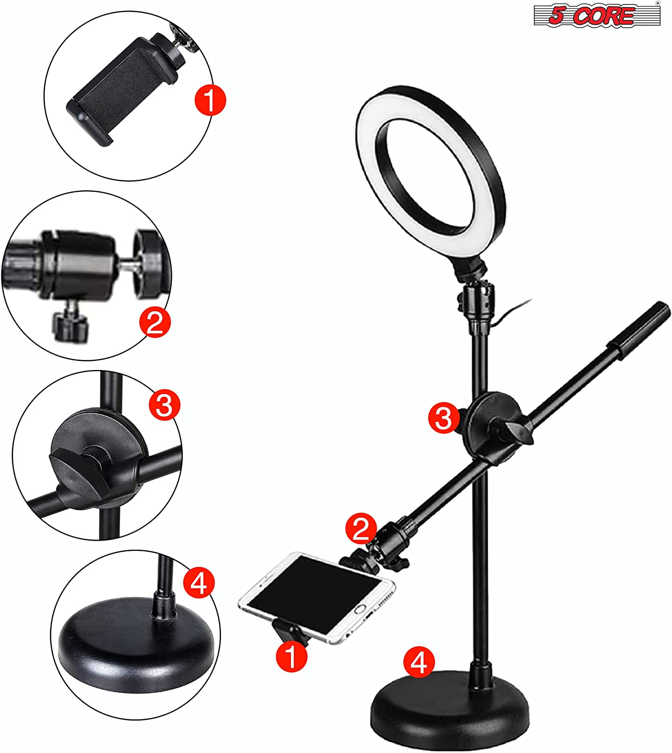 5Core 6 inch Ring Light + Cell Phone Stand Adjustable Ringlight LED w