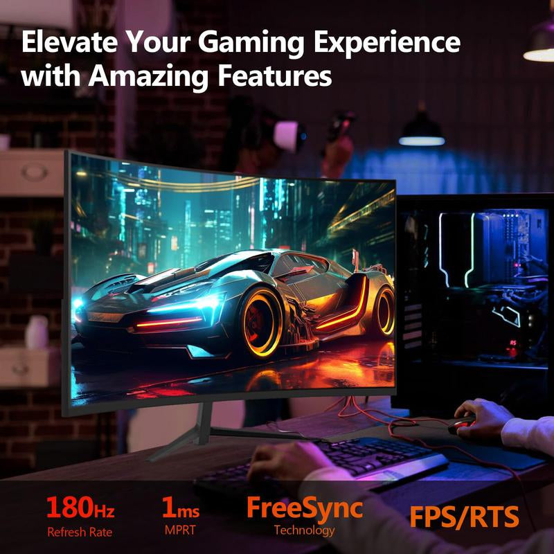 FNT 24'' Curved Gaming Monitor - 180Hz, 1Ms, FHD 1080P, R1800, Dual HDMI & Displayport, Eye Care, Built-In Speakers, Black