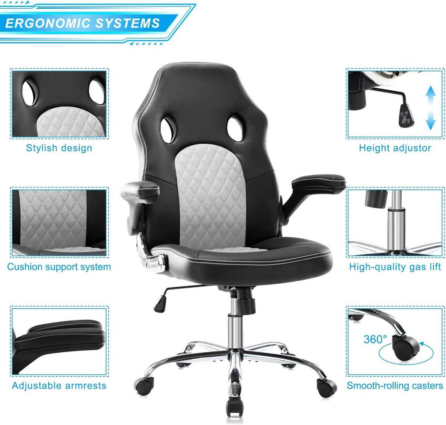 Gaming Chair Ergonomic Office Chair PU Leather Computer Chair High Back Desk Chair Adjustable Swivel Task Chair with Lumbar Support/Adjustable Armrests, White