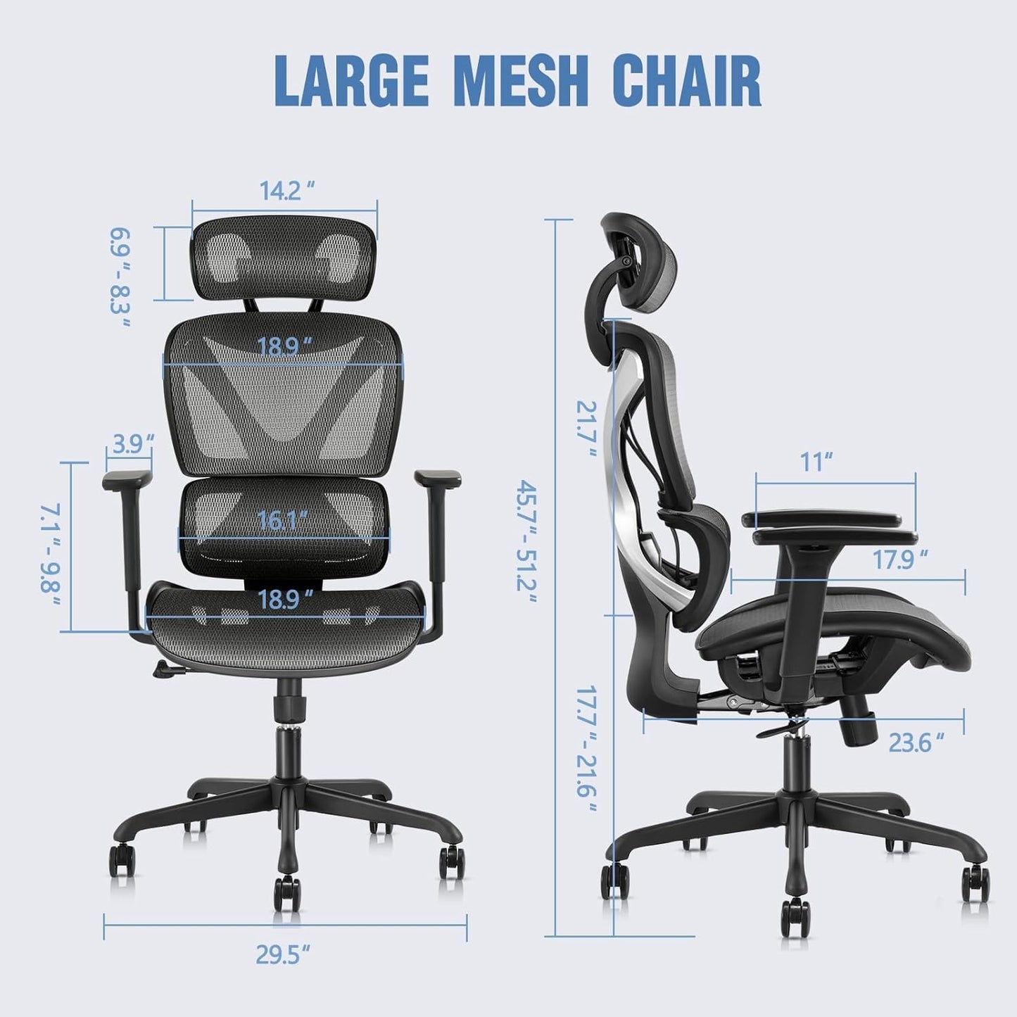 Ergonomic Office Chair, Big and Tall Mesh Chair with Lumbar Support, Adjustable 3D Arms, Reclining, Headrest & Large Seat - Home Office Desk Chair for Man Woman(Grey).