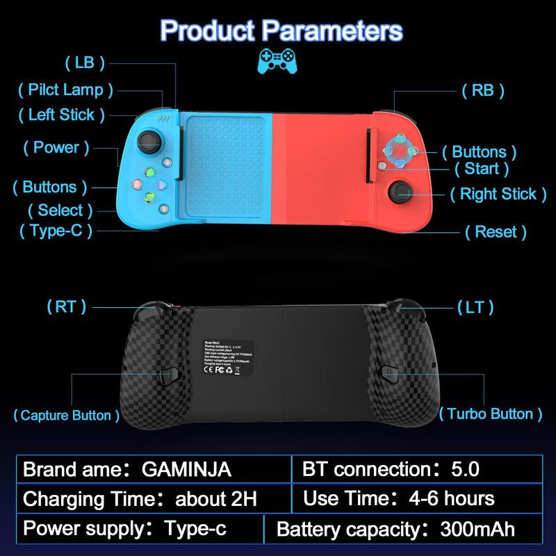 GAMINJA Rechargeable Mobile Phone Telescopic Controller, Bluetooth-Compatible Wireless Game Controller, Suitable for Android Ios Nswitch PS4 PC TVBOX