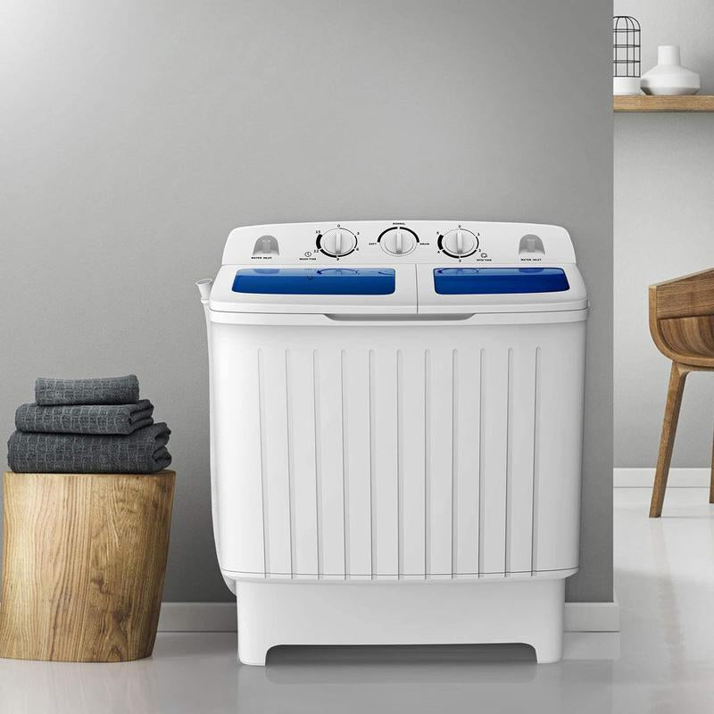 Costway Portable Semi-Automatic Twin-Tub Washing Machine W/ Control Knobs, Timer Control, Built-In Pump Drain, Durable Design, Compact Laundry Washer for RV, Apartments and Dorms.