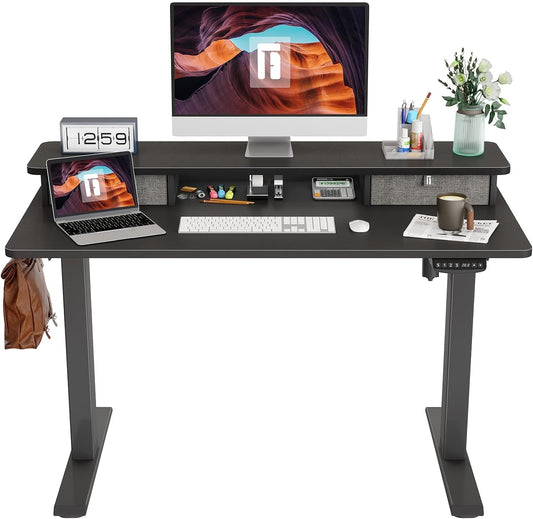 48 X 24 Inch Height Adjustable Electric Standing Desk with Double Drawer, Stand up Desk with Storage Shelf, Sit Stand Desk, Black