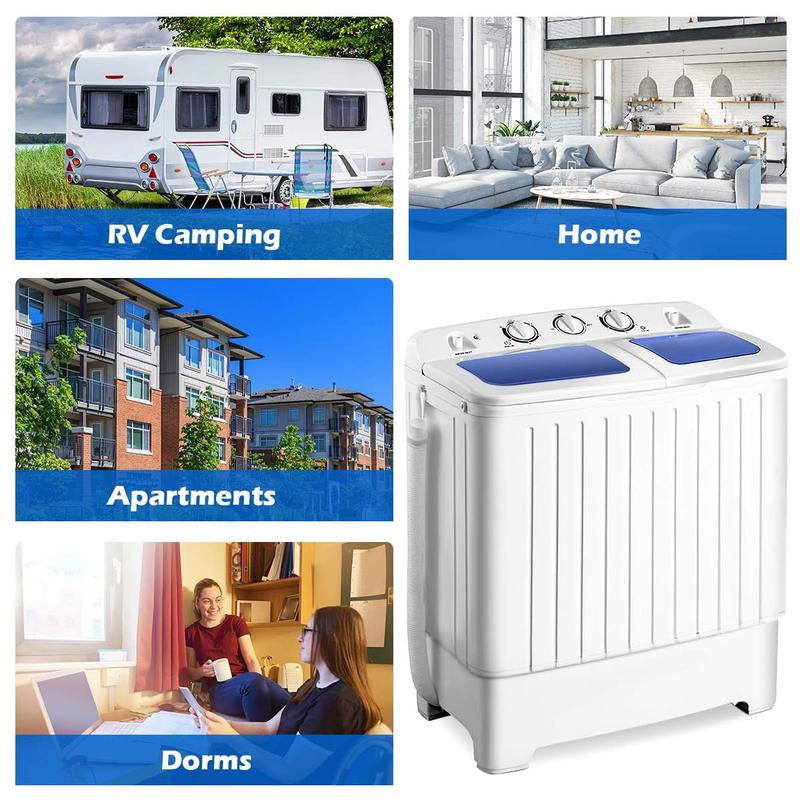 Costway Portable Semi-Automatic Twin-Tub Washing Machine W/ Control Knobs, Timer Control, Built-In Pump Drain, Durable Design, Compact Laundry Washer for RV, Apartments and Dorms.