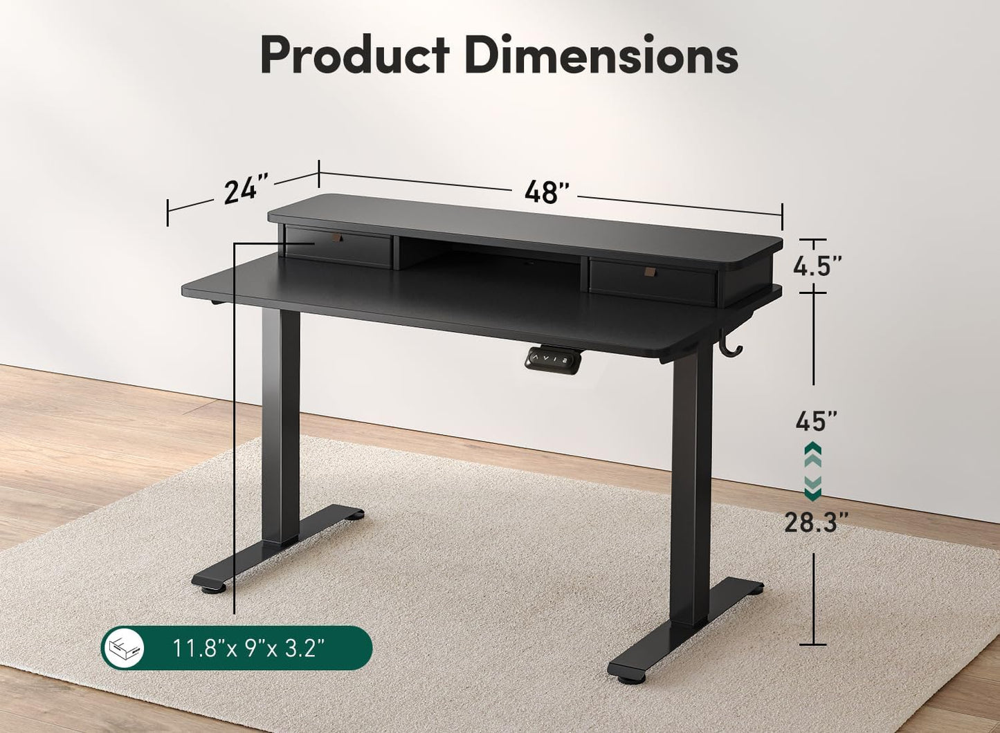 48 X 24 Inch Height Adjustable Electric Standing Desk with Double Drawer, Stand up Desk with Storage Shelf, Sit Stand Desk, Black