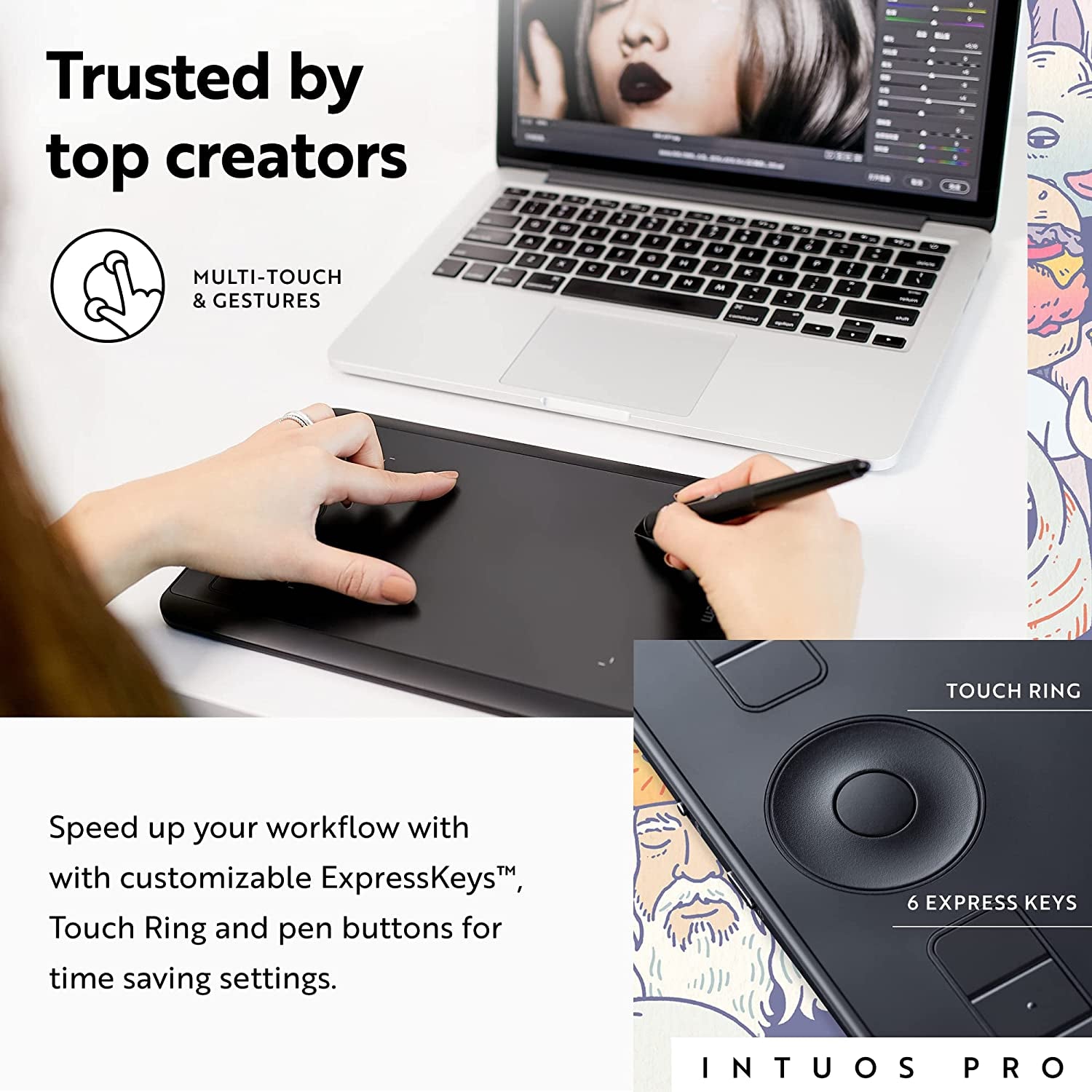 Intuos Pro Bluetooth Drawing Tablet, Small 10.6" X 6.7" Compact Graphics Tablet with Pro Pen 2 & Touch Ring, Creative Multi-Touch Animation Illustration Tablet for Mac and Windows PC