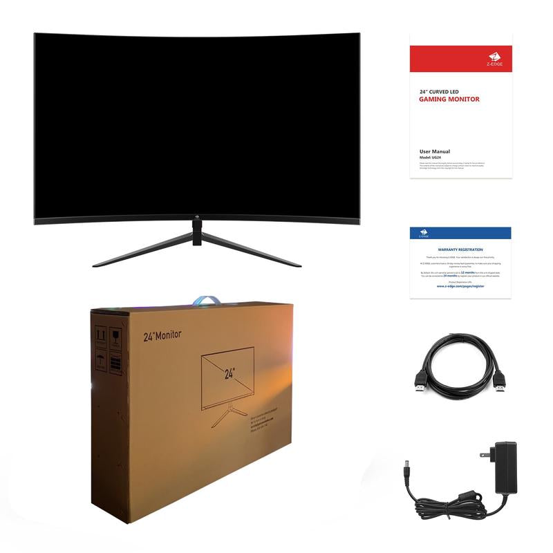 FNT 24'' Curved Gaming Monitor - 180Hz, 1Ms, FHD 1080P, R1800, Dual HDMI & Displayport, Eye Care, Built-In Speakers, Black