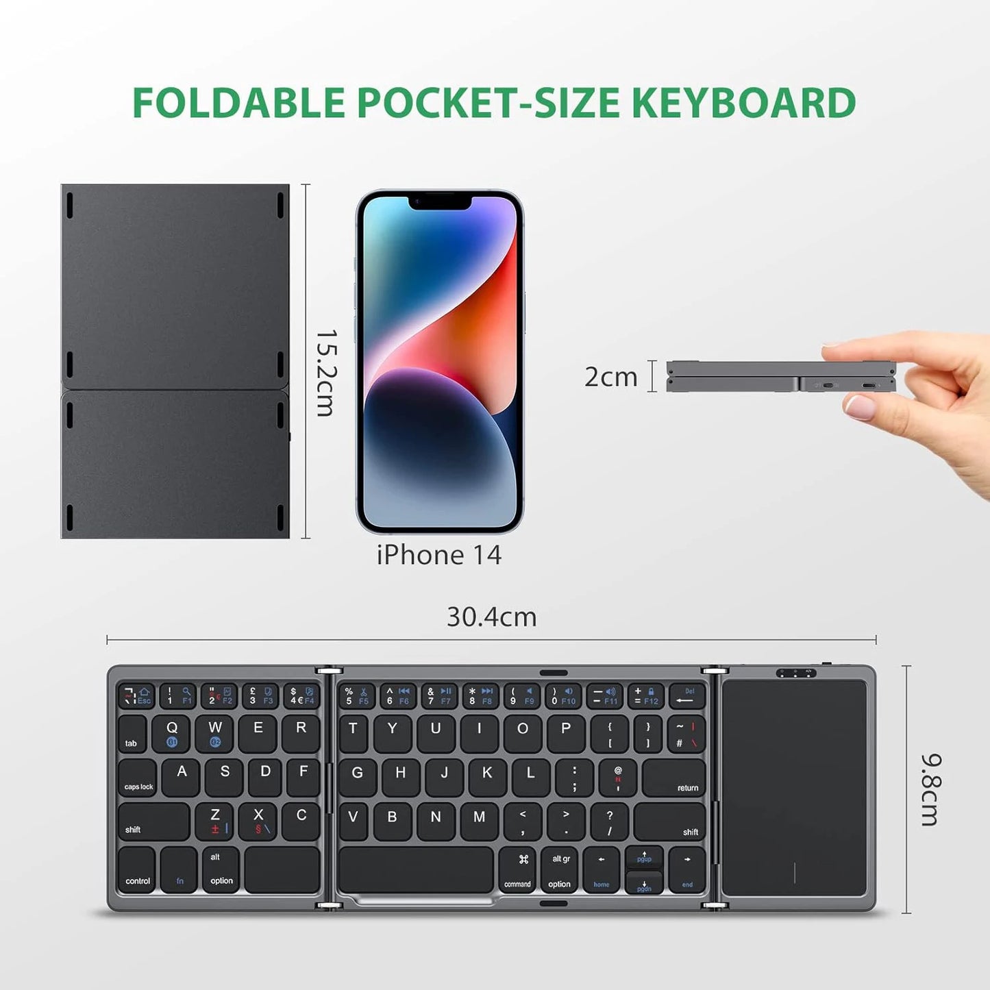 Portable Mini Bluetooth Wireless Foldable Keyboard with Touchpad for Mac, iOS, Android, Windows, and Tablets - Russian Layout.