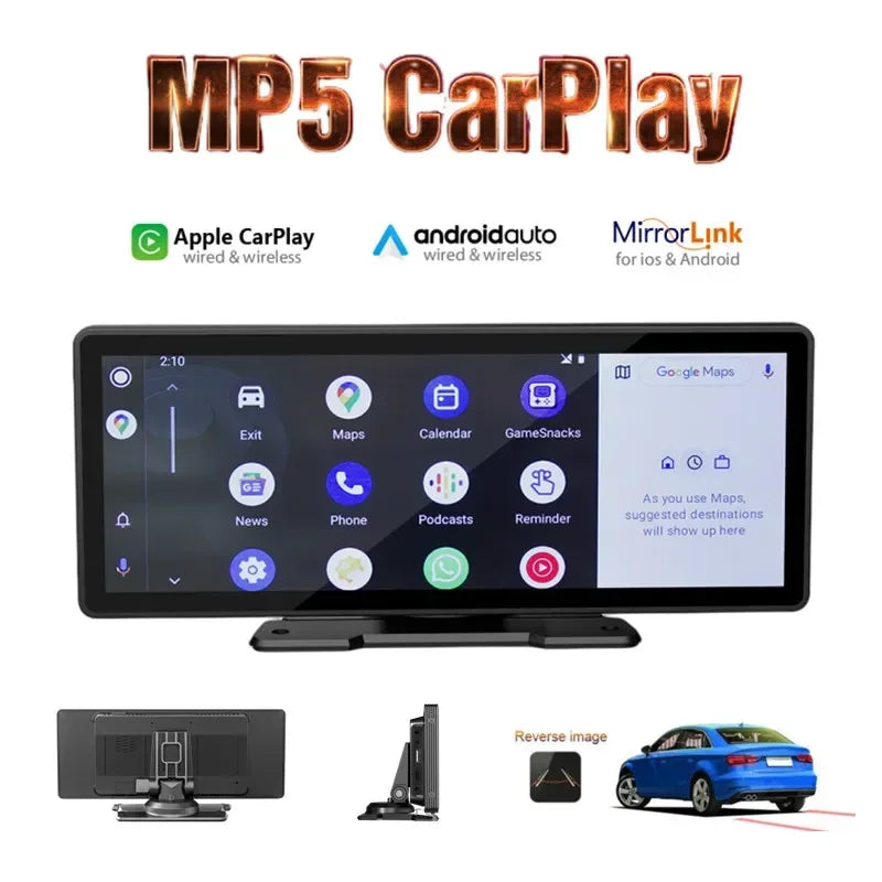 10.26-Inch Wireless Car Monitor with CarPlay/Android Auto, HD Screen, Bluetooth FM Transmitter, and USB/TF Video Player.