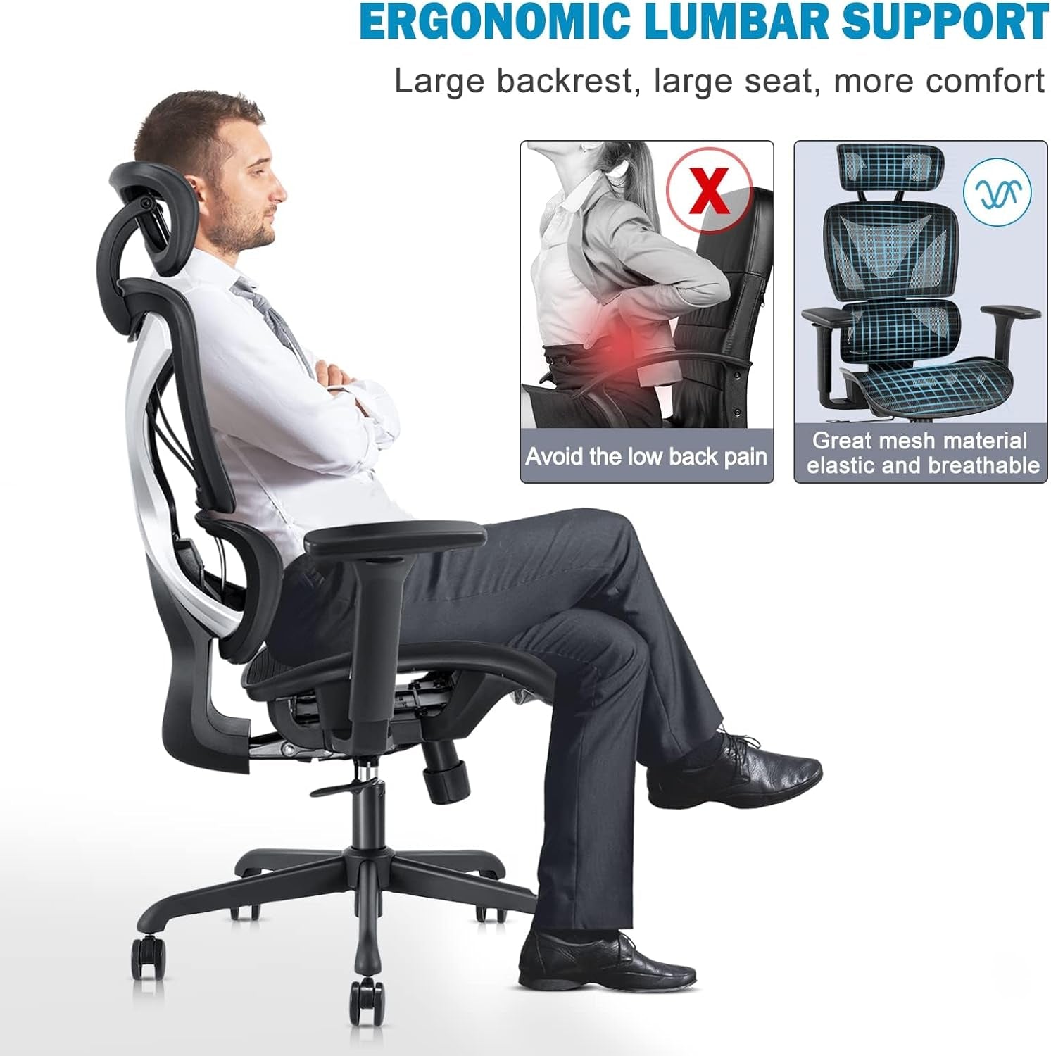 Ergonomic Office Chair, Big and Tall Mesh Chair with Lumbar Support, Adjustable 3D Arms, Reclining, Headrest & Large Seat - Home Office Desk Chair for Man Woman(Grey).