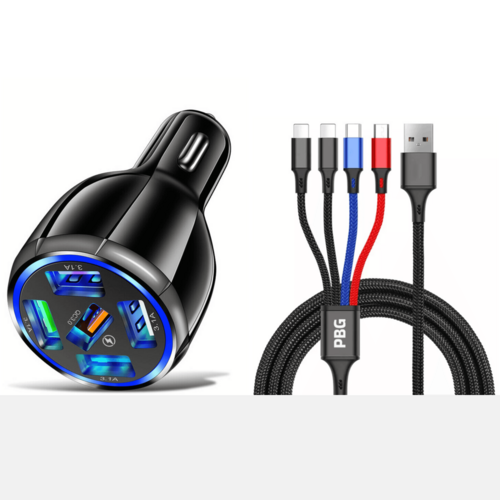 PBG 5-Port LED Car Charger & 4-in-1 Nylon Multi-Cable Bundle 4FT