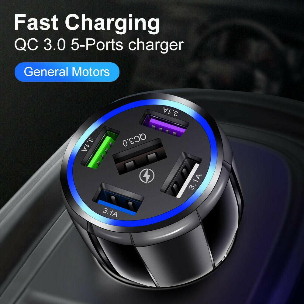 PBG 5-Port LED Car Charger & 4-in-1 Nylon Multi-Cable Bundle 4FT